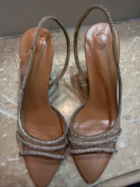 Zara Tan Pointed Slingback Heels with Rhinestone Straps